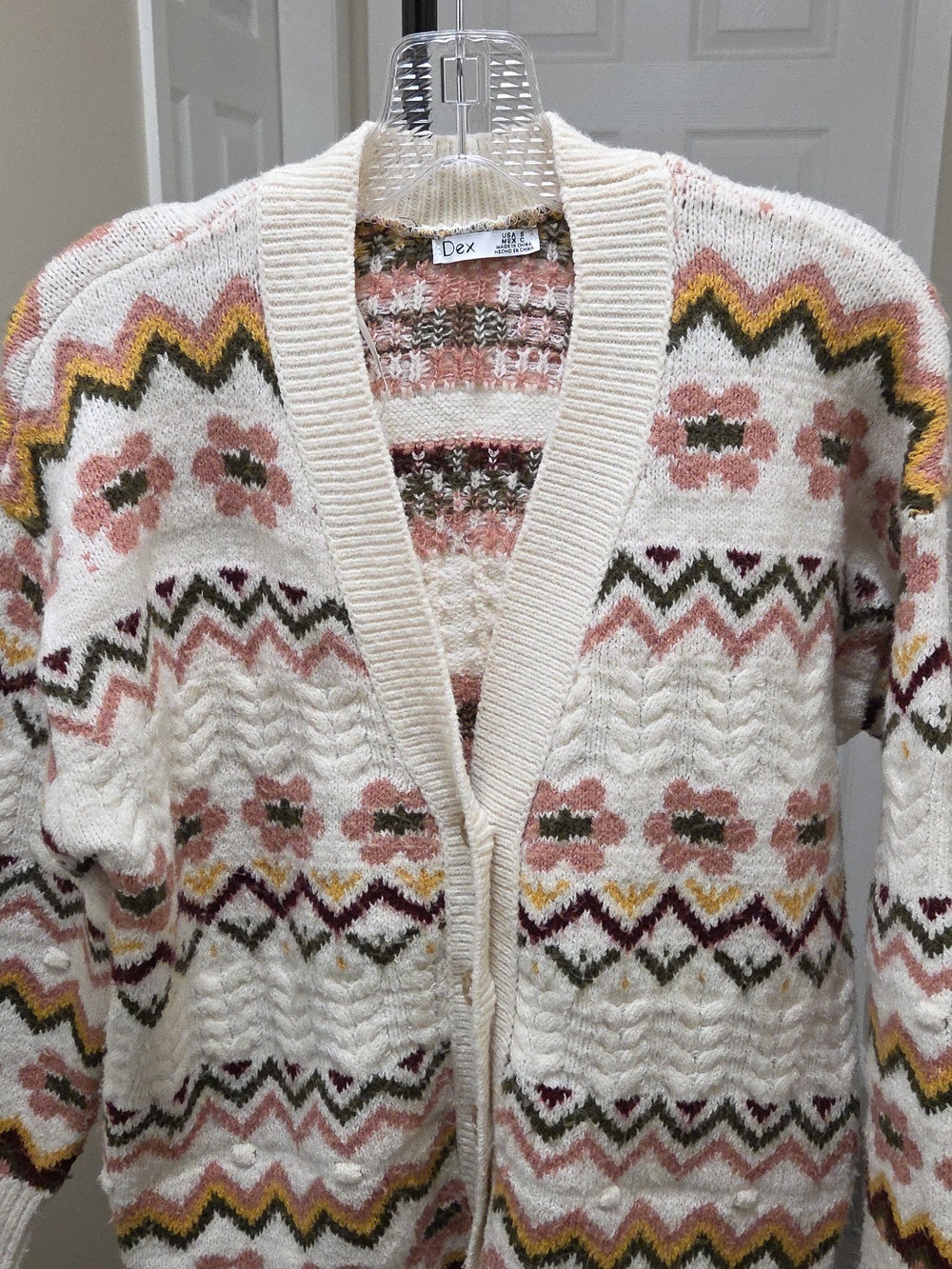 Dex Cream Patterned Chunky Knit Cardigan Boho Cottagecore Cozy Grandpa Style - Picture 8 of 11